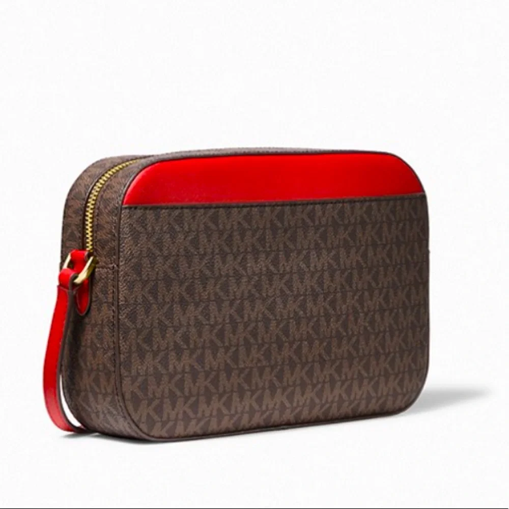 NWT Michael Kors Red/ Brown Jet Set Large Logo Crossbody Bag - Picture 5 of 8
